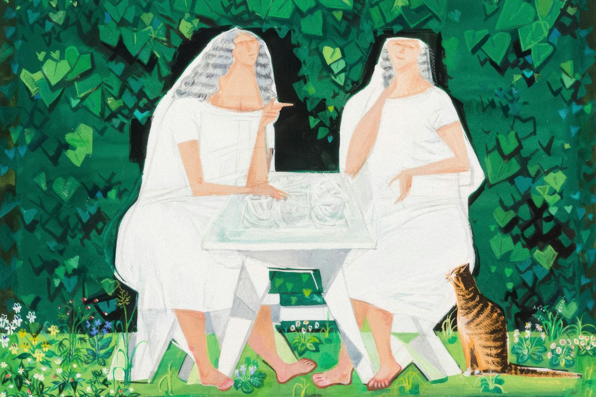 Stenstatyer i form av två ansikten som möts